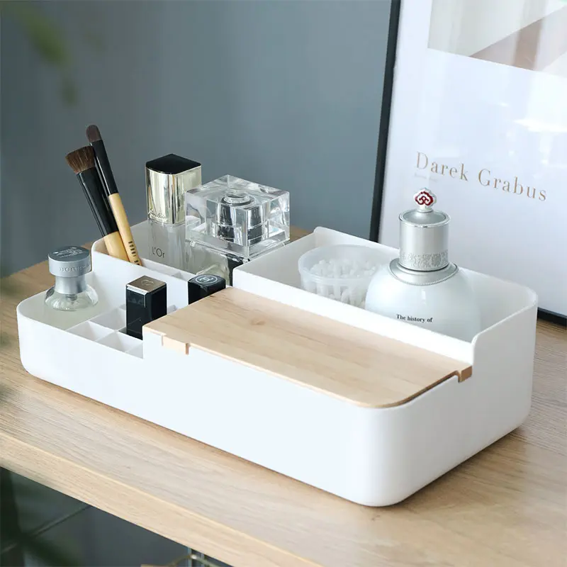 Makeup Organizer with Wooden Lid