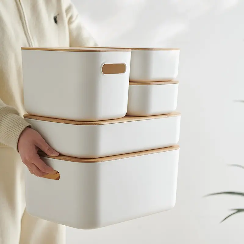 White Tub Storage Box with Bamboo Lid-7