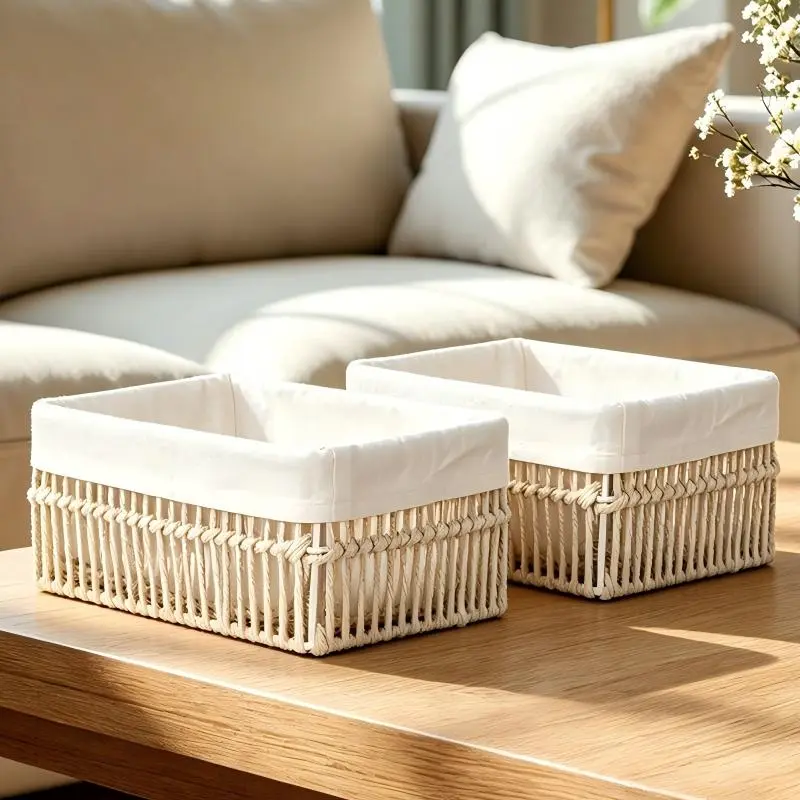 White Cotton Rope Basket with Liner-5 White Cotton Rope Basket with Liner-5